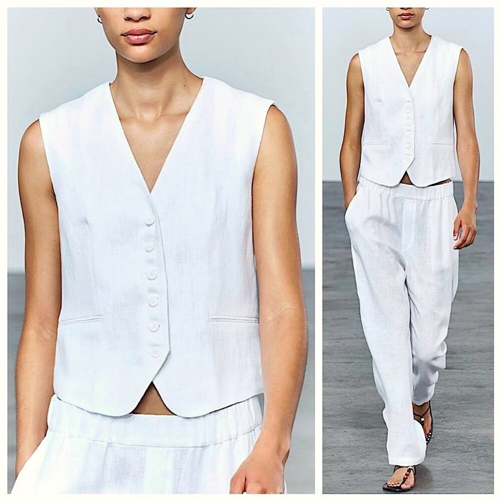 New Zara Women Collection 100% Linen Vest in Oyster White